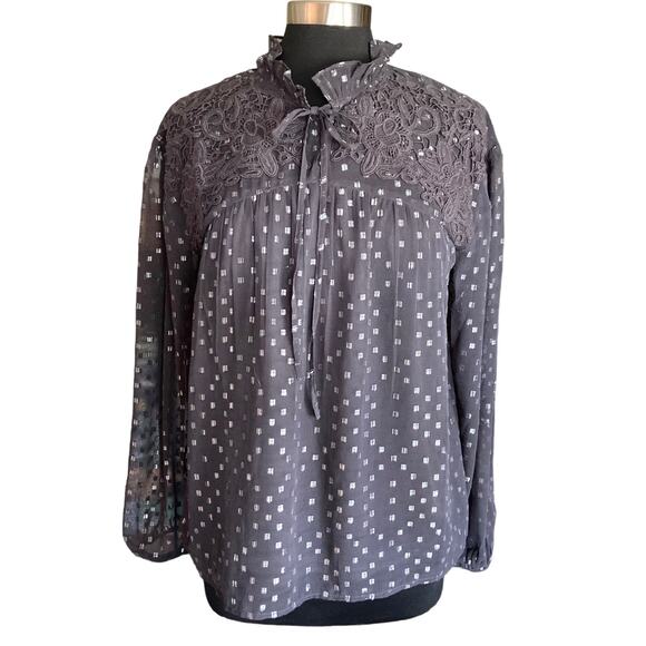 Calligraphie Black Lace Trim Metallic Clip Dot Sheer Blouse MED Whimsygoth Fairy - Picture 1 of 7